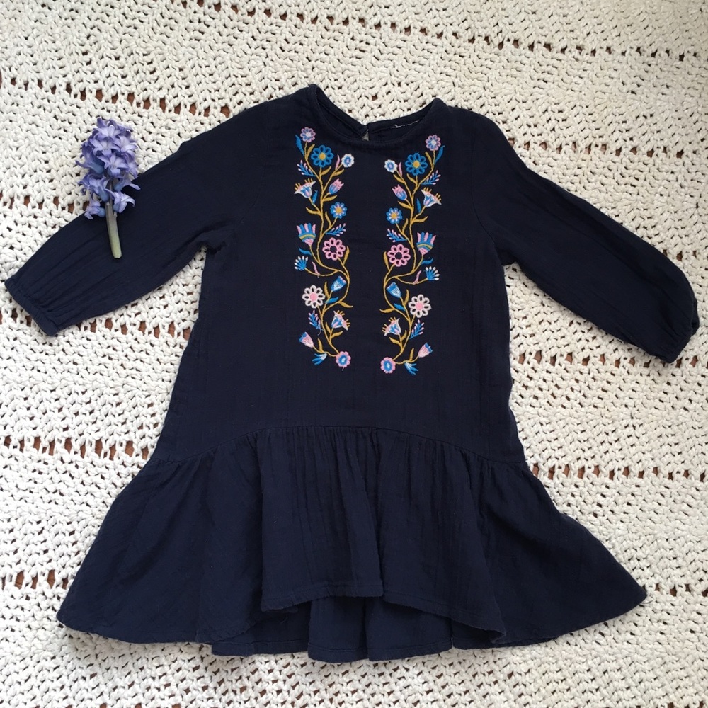 100% cotton navy embroidered floral dress